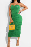 Green Sexy Letter Patchwork Fold Strapless One Step Skirt Dresses