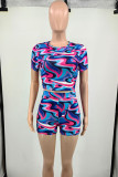 Multicolor Casual Print Patchwork O Neck Short Sleeve Two Pieces