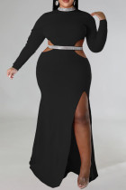 Black Elegant Hollowed Out Patchwork High Opening Zipper O Neck Long Plus Size Dresses