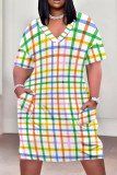 Multicolor Casual Print Patchwork Pocket V Neck Straight Plus Size Dresses