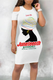 White Brown Casual Letter Print Flowers O Neck Printed Dresses