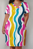 Multicolor Casual Print Patchwork Pocket V Neck Straight Plus Size Dresses