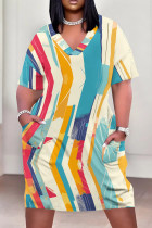 Cream White Casual Print Patchwork Pocket V Neck Straight Plus Size Dresses