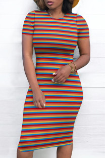 Multicolor Elegant Striped Color Block Patchwork O Neck Wrapped Skirt Dresses