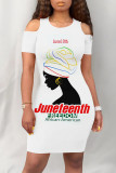White Brown Casual Letter Print Flowers O Neck Printed Dresses