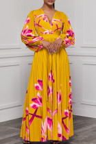 Yellow Elegant Print Patchwork Fold V Neck Long Dresses