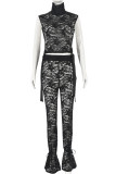 Black Sexy Solid Lace Hollowed Out Patchwork Turtleneck Sleeveless Two Pieces