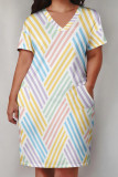 Multicolor Casual Print Patchwork Pocket V Neck Straight Plus Size Dresses