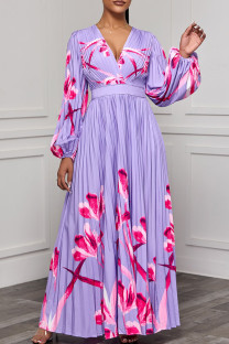 Light Purple Elegant Print Patchwork Fold V Neck Long Dresses