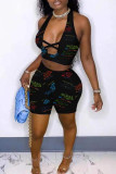 Pink Sexy Print Hollowed Out Patchwork Backless V Neck Sleeveless Two Pieces