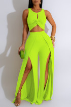 Fluorescent Green Elegant Solid Hollowed Out Patchwork High Opening O Neck Sleeveless Two Pieces