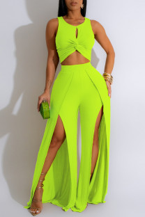 Fluorescent Green Elegant Solid Hollowed Out Patchwork High Opening O Neck Sleeveless Two Pieces