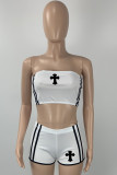 Rose Red Casual Sportswear Letter Striped Backless Strapless Sleeveless Two Pieces