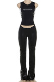 Black Sexy Solid Patchwork O Neck Sleeveless Two Pieces
