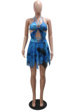 Blue Sexy Print Bandage Hollowed Out Asymmetrical Halter Long Sleeve Two Pieces