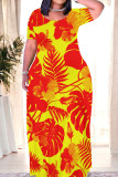 Red Casual Print Patchwork O Neck Long Dresses