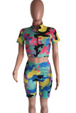 Blue Casual Camouflage Print Patchwork Zipper Zipper Collar Short Sleeve Two Pieces