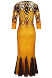 Orange Elegant Print Hollowed Out Patchwork Zipper O Neck Trumpet Mermaid Dresses