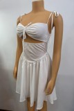 White Sexy Solid Bandage Hollowed Out Backless Spaghetti Strap Sleeveless Dresses