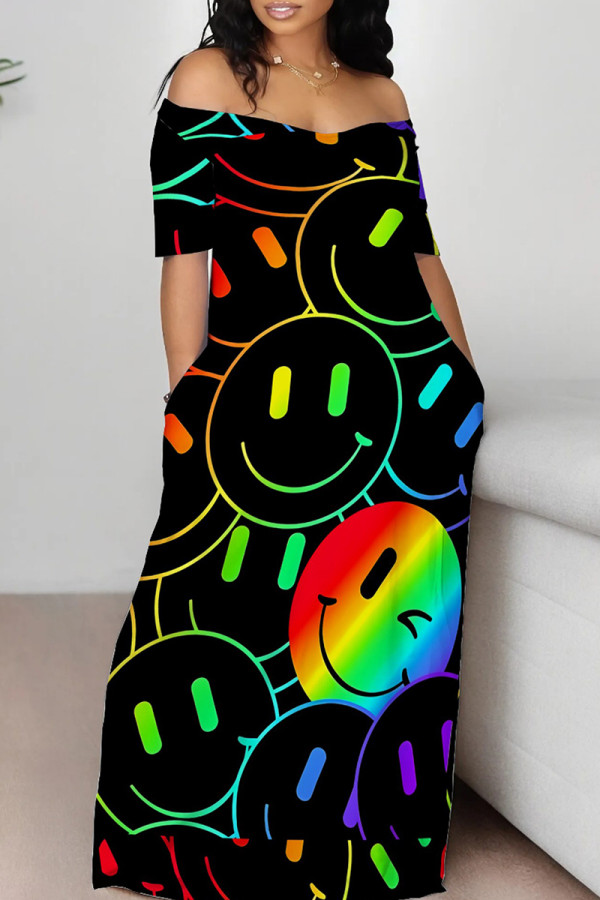 Colour Casual Print Patchwork Pocket Off the Shoulder Long Dresses