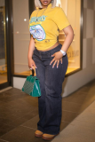 Yellow Casual Print Patchwork O Neck T-Shirts