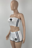 Rose Red Casual Sportswear Letter Striped Backless Strapless Sleeveless Two Pieces