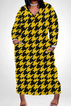 Yellow Casual Print Patchwork Pocket V Neck Long Plus Size Dresses