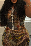 Yellow Street Print Patchwork Cross Straps O Neck Long Dresses