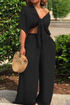 Black Casual Solid Frenulum V Neck Short Sleeve Two Pieces