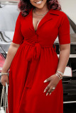Red Elegant Solid Bandage Patchwork Pocket Buckle A Line Dresses