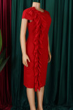 Red Elegant Solid Patchwork Flounce O Neck Wrapped Skirt Dresses