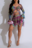 Blue Sexy Print Bandage Hollowed Out Asymmetrical Halter Long Sleeve Two Pieces