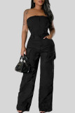 Black Sexy Casual Solid Backless Strapless Sleeveless Two Pieces