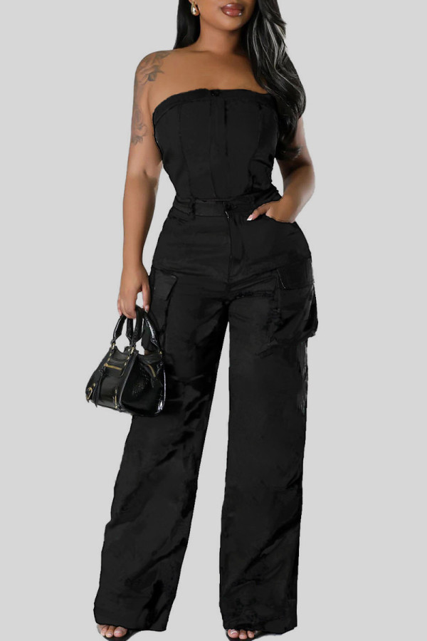 Black Sexy Casual Solid Backless Strapless Sleeveless Two Pieces