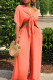 Tangerine Red Casual Solid Frenulum V Neck Short Sleeve Two Pieces