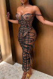 Brown Street Print Bandage Patchwork See-through Backless Spaghetti Strap Sleeveless Two Pieces