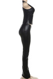 Black Sexy Solid Patchwork O Neck Sleeveless Two Pieces