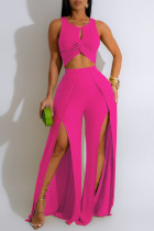 Rose Red Elegant Solid Hollowed Out Patchwork High Opening O Neck Sleeveless Two Pieces