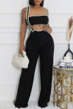 Black Elegant Patchwork Buttons Backless Strapless Sleeveless Two Pieces
