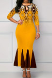 Orange Elegant Print Hollowed Out Patchwork Zipper O Neck Trumpet Mermaid Dresses