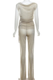 Apricot Sexy Solid Patchwork See-through Oblique Collar Sleeveless Two Pieces