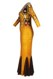 Orange Elegant Print Hollowed Out Patchwork Zipper O Neck Trumpet Mermaid Dresses