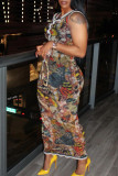 Yellow Street Print Patchwork Cross Straps O Neck Long Dresses