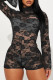 Black Sexy Solid Lace Hollowed Out Patchwork See-through Half A Turtleneck Skinny Rompers