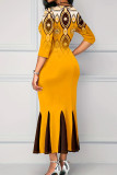 Orange Elegant Print Hollowed Out Patchwork Zipper O Neck Trumpet Mermaid Dresses