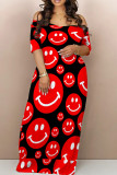 Red Casual Print Patchwork Pocket Off the Shoulder Long Dresses