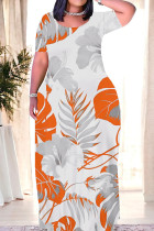 Tangerine Red Casual Print Patchwork O Neck Long Dresses
