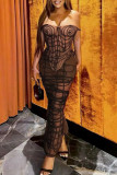 Brown Street Print Bandage Patchwork See-through Backless Spaghetti Strap Sleeveless Two Pieces