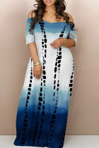 Dark Blue White Casual Gradient Patchwork Off the Shoulder Long Dresses