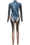 Blue Sexy Print Patchwork See-through O Neck Skinny Jumpsuits